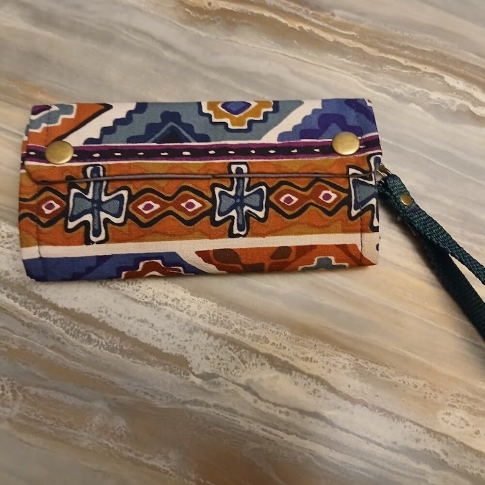 New Southwestern Clutch Wristlet Wallet Brown Purple Geometric Trifold Zip Pouch
